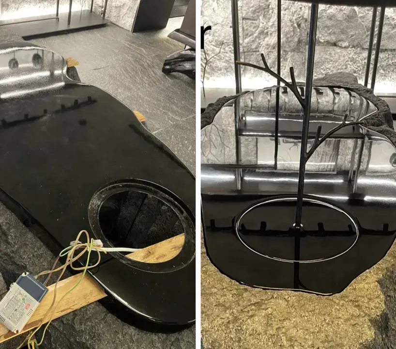 Polierter schwarzer Naturstein-Kamin im Vorher-Nachher Vergleich